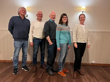 Styret i Freimarkas Venner. F.v.: Hans Ottesen (styremedlem), Lars Ola Fiske (styremedlem), Toivo Brennløkken (styremedlem), Målfrid Guldstein (styremedlem) og Siw Toril Kjørsvik (nestleder). Olav Inge Birkelund (1. varamedlem), Espen Holten Baafjord (2. varamedlem) og Torunn Skjølsvik (3. varamedlem) kunne ikke delta på møtet.